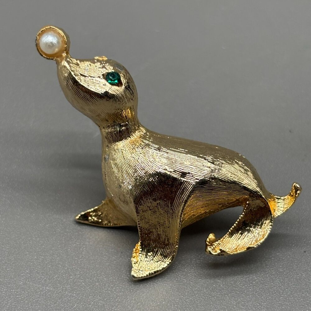 Vintage Seal Balancing Ball Brooch Gold Tone Faux Pearl Crystal Eye Figural Pin